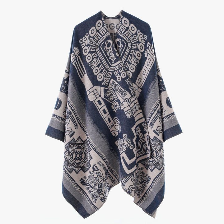 Damen Oversize‑Jacquard‑Wrapcape mit geometrischem Aztekenmuster Drune