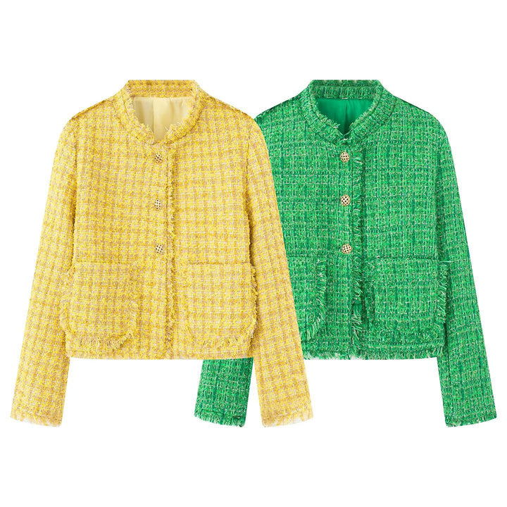 Damen nan kurze Bouclé-Tweedjacke mit goldenen Zierknöpfen, aufgesetzten Taschen und Fransenbesatz Drune