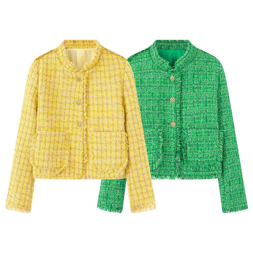Damen nan kurze Bouclé-Tweedjacke mit goldenen Zierknöpfen, aufgesetzten Taschen und Fransenbesatz Drune
