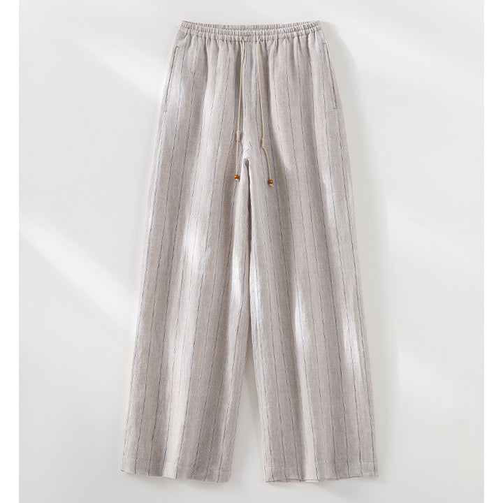 Damen Leichte Hochbund-Loungehose aus Leinenmix mit Tunnelzug und Nadelstreifen-Optik Drune