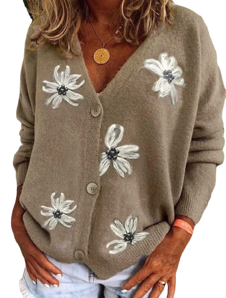 Damen Kuschelige Strickjacke mit floralem Muster und durchgehendem Knopfverschluss Drune