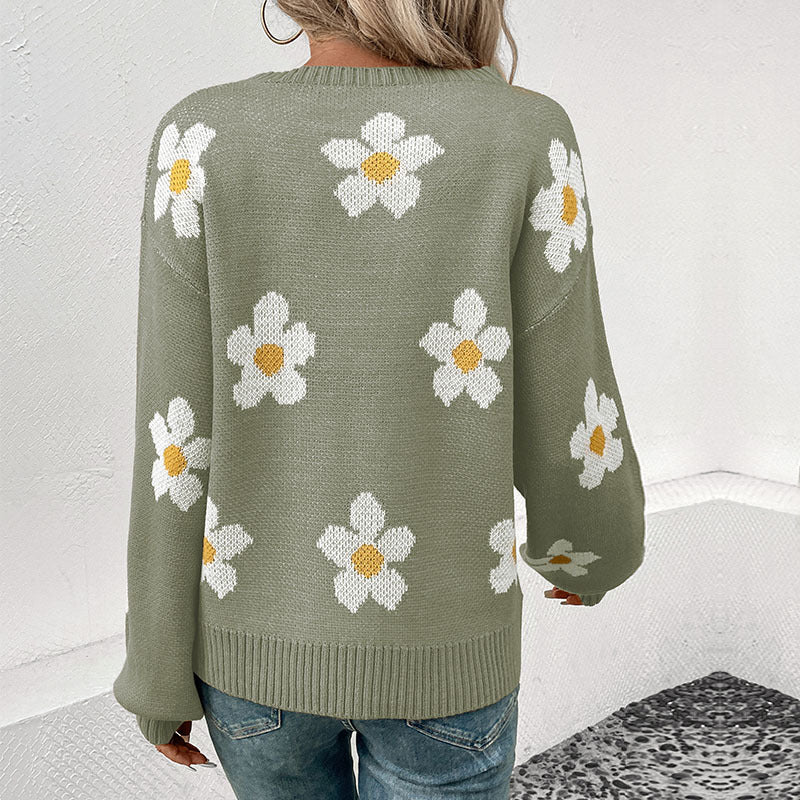 Damen Gemusterter Strickpullover mit Blumenmotiv Drune