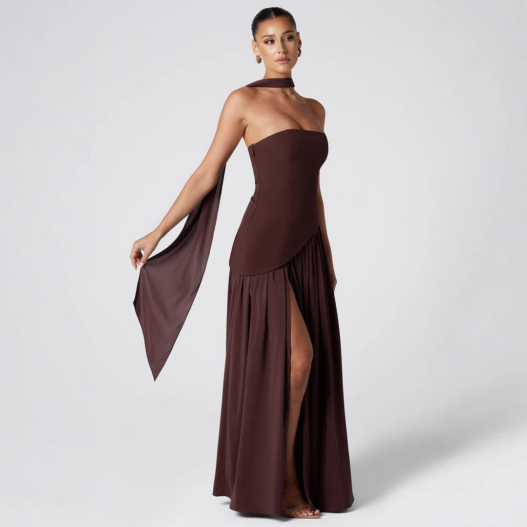 Damen Maxikleid mit schulterfreiem Design und dekorativem Wickelausschnitt Drune