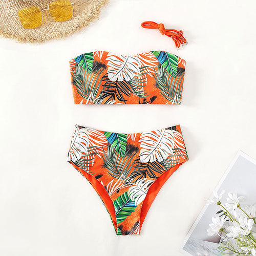 Damen Bandeau-Bikini mit lebhaftem Tropenmuster und hohem Taillenschnitt Drune