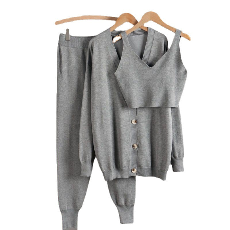 Damen stilvolles Strickset mit Knopfdetaillierung Drune