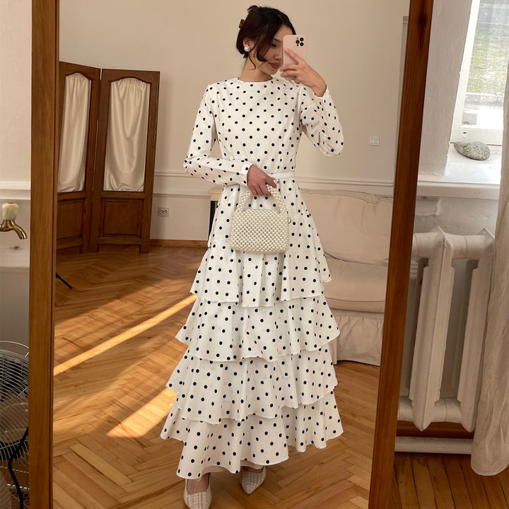 Damen Maxikleid mit Rüschendetails und modischem Punktedesign Drune