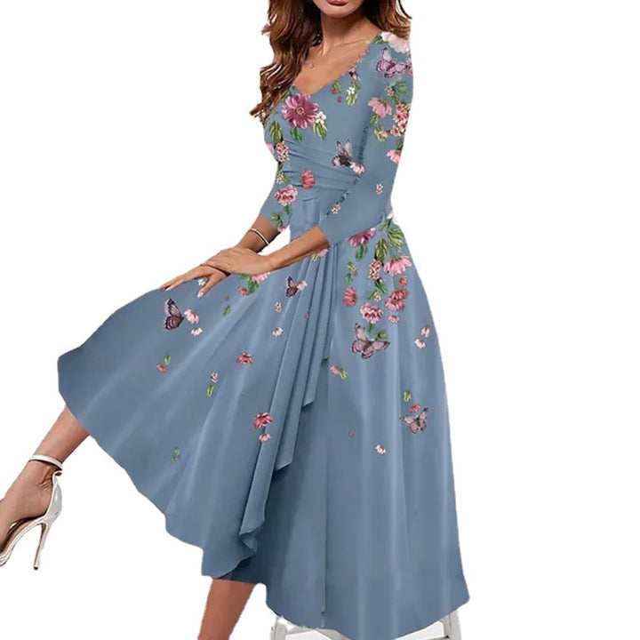 Damen Wickel-Midi-Kleid mit Blumenmuster, asymmetrischem Stufenschnitt und tailliertem Bindegürtel Drune