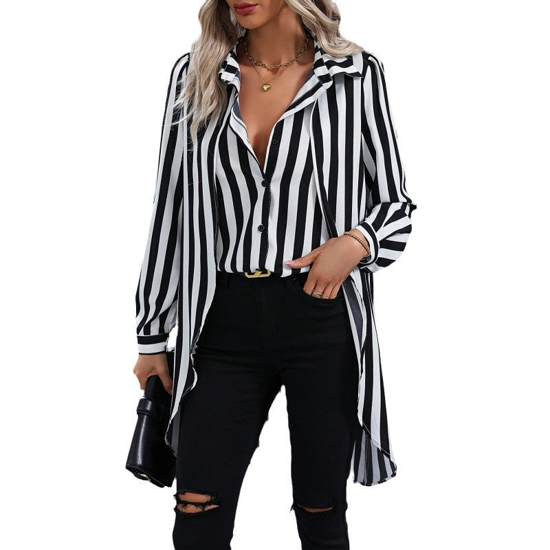 Damen Langarm Hemdbluse im modernen Streifenlook mit asymmetrischem Schnitt Drune