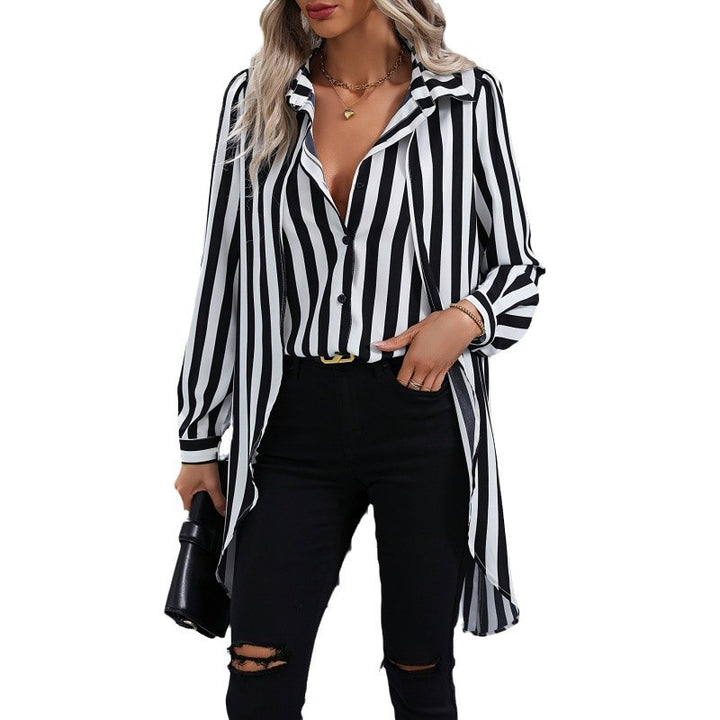 Damen Langarm Hemdbluse im modernen Streifenlook mit asymmetrischem Schnitt Drune
