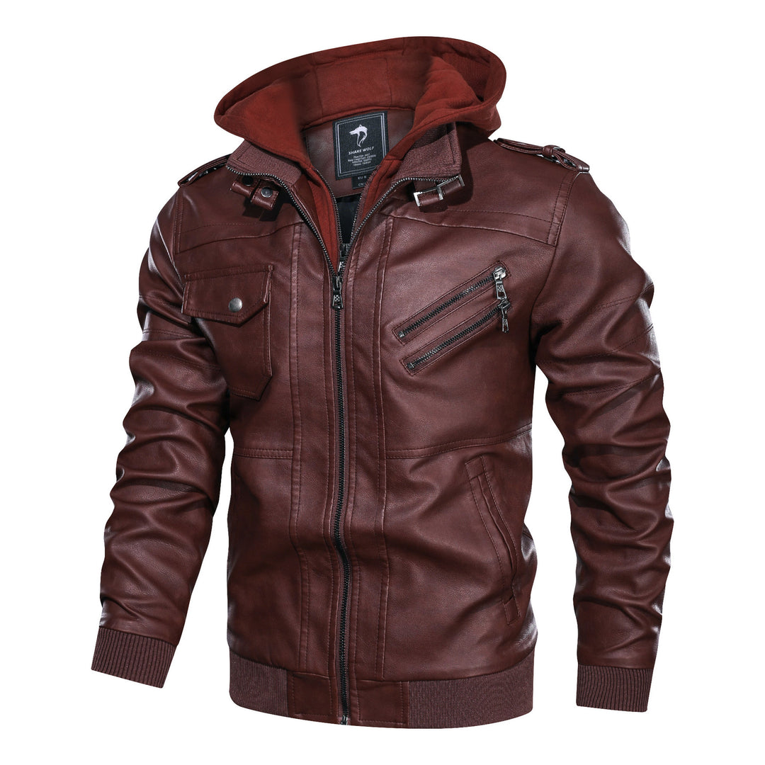 Herren Lederoptik-Utility-Jacke mit Kapuze, Reißverschlusstaschen und Rippbündchen Drune