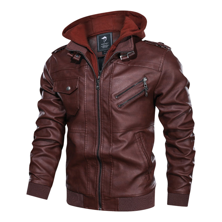 Herren Lederoptik-Utility-Jacke mit Kapuze, Reißverschlusstaschen und Rippbündchen Drune