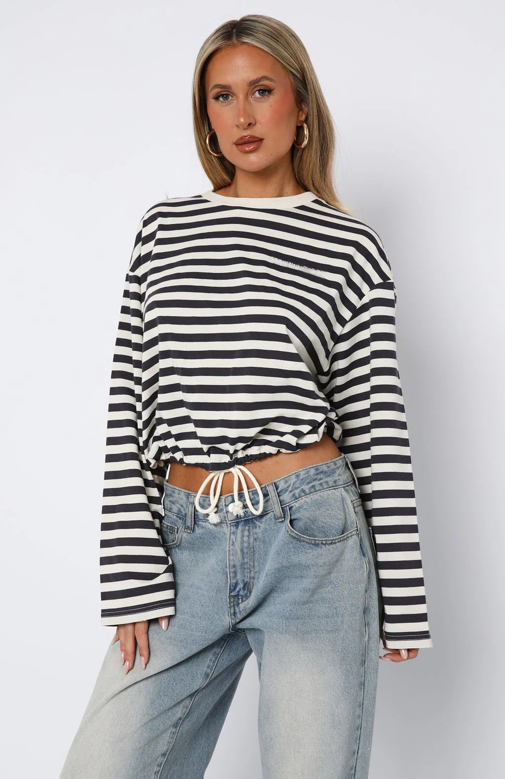 Damen cropped Sweatshirt mit streifen und elastischer Bund Drune