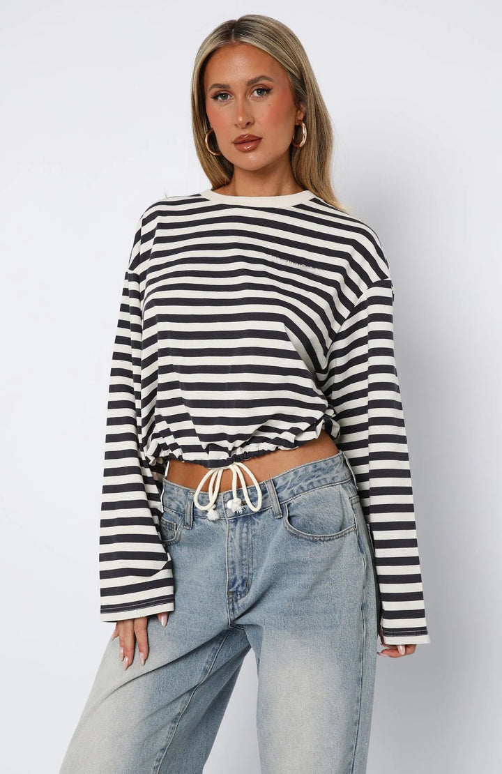 Damen cropped Sweatshirt mit streifen und elastischer Bund Drune