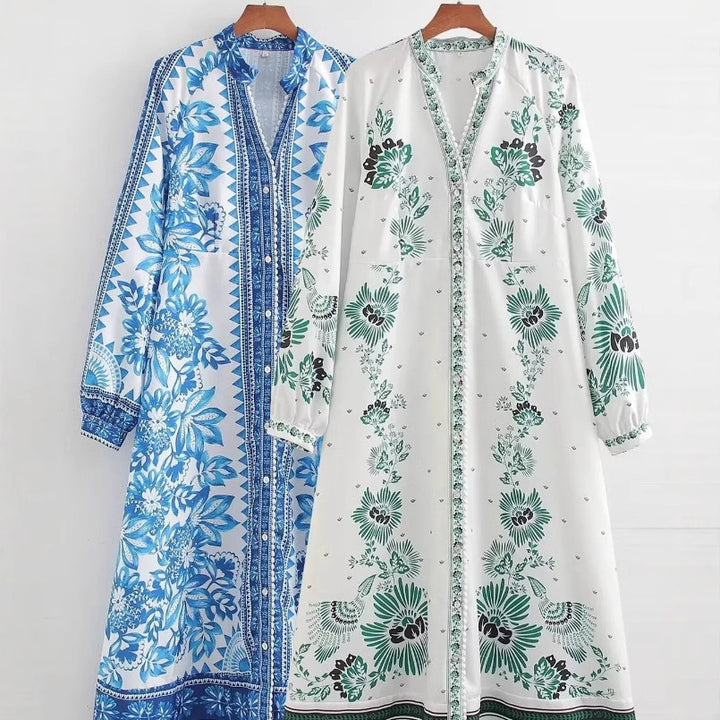 Damen Maxi-Kleid im Boho-Hemdstil mit Stehkragen und durchgehender Knopfleiste Drune