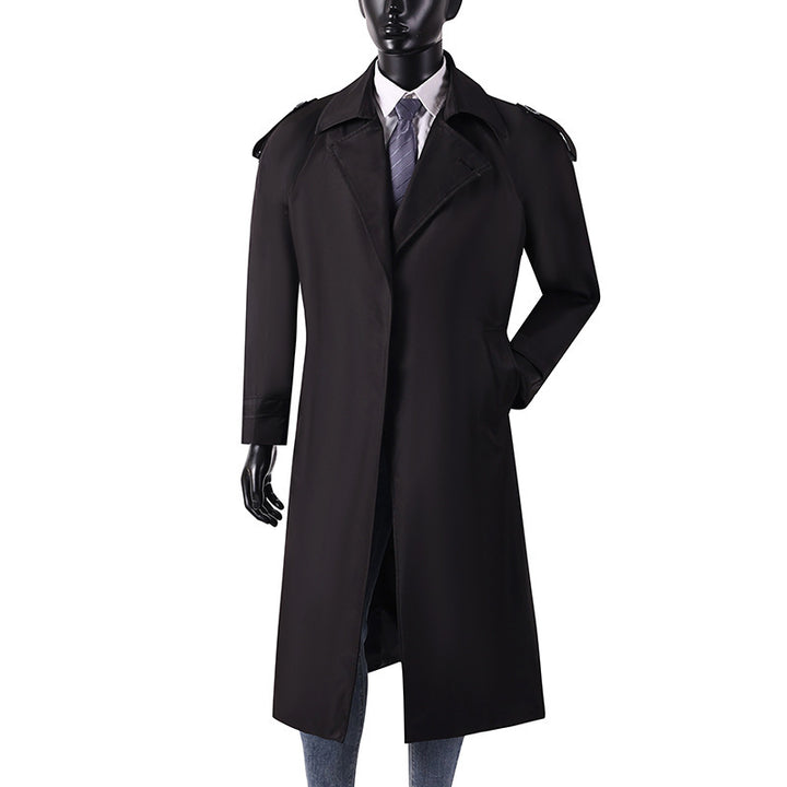 Herren eleganter knie- bis wadenlanger Trenchcoat mit verdeckter Knopfleiste und Schulterklappen Drune