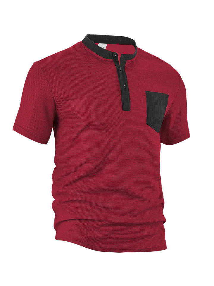 Herren nan atmungsaktives Waffel-Henleyshirt mit Stehkragen kurzer Knopfleiste und aufgesetzter Brusttasche Drune