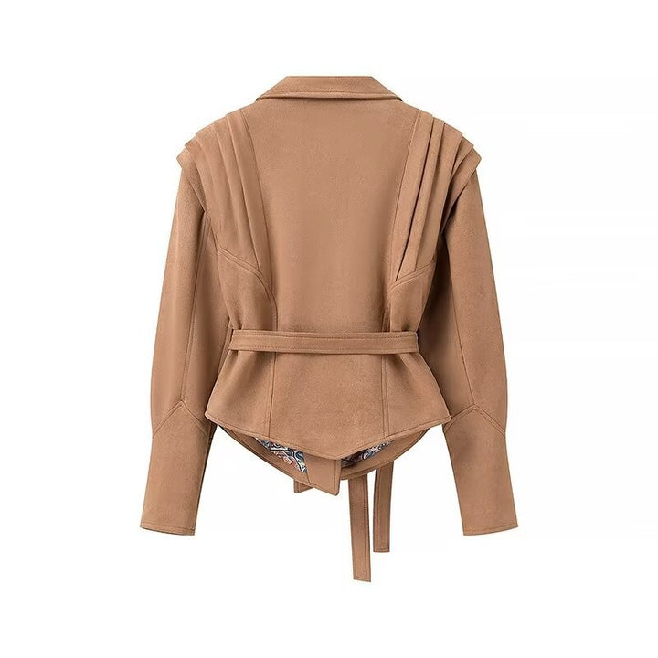 Damen nan taillierte Veloursoptik Blazerjacke mit Bindegürtel, betonter Schulter und gemusterter Innenfütterung Drune