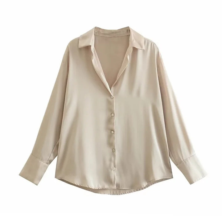 Damen Oversized Satinbluse mit Hemdkragen und breiten Manschetten Drune