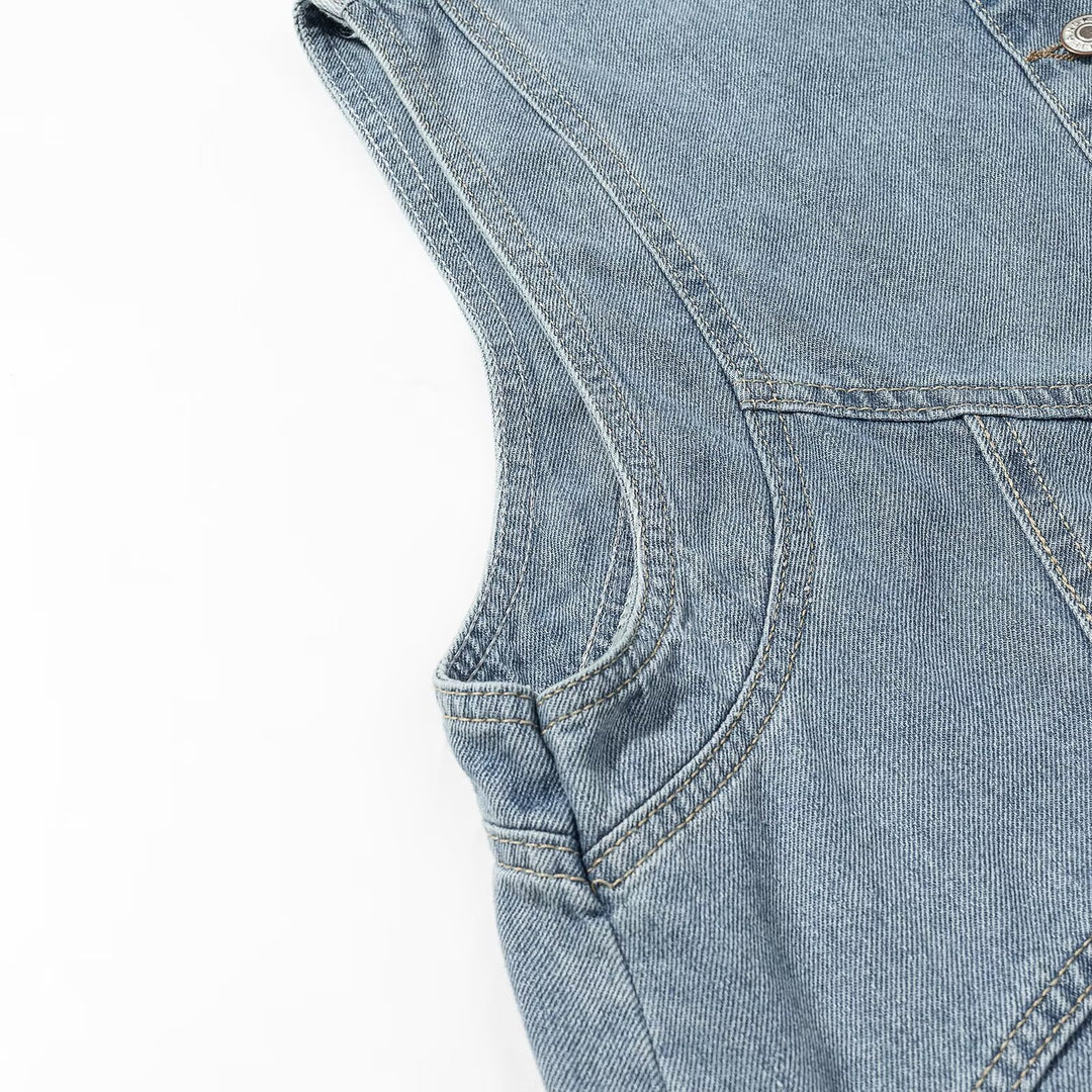 Damen Jeansweste mit Stehkragen, durchgehender Knopfleiste und aufgesetzten Taschen Drune