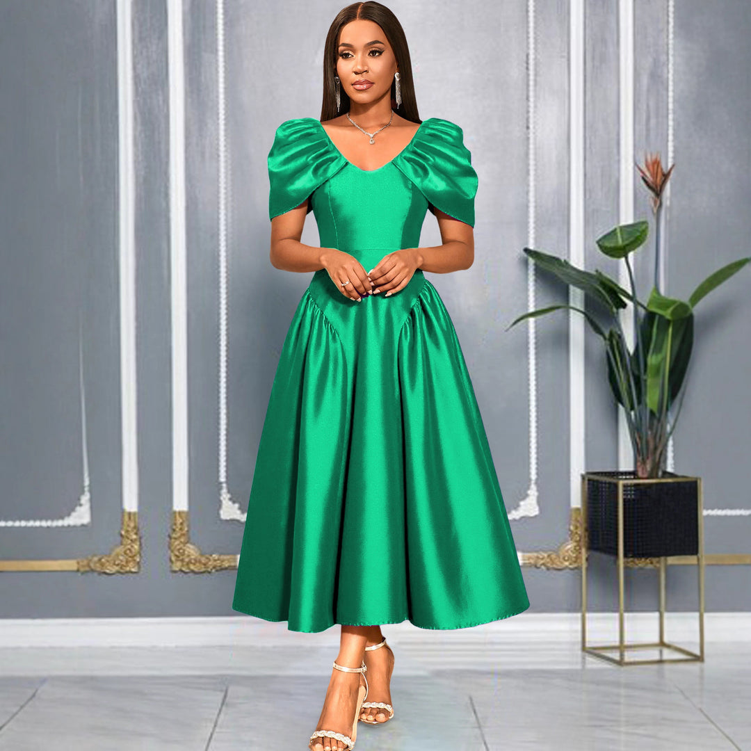 Damen elegantes Midikleid mit voluminösen Puffärmeln und schwingendem Rock Drune