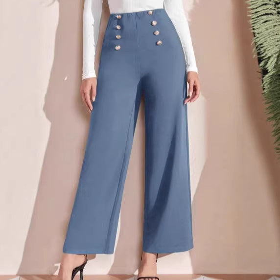 Damen nan hohe Taillenhose mit weitem Bein, maritim inspirierten Zierknöpfen Drune