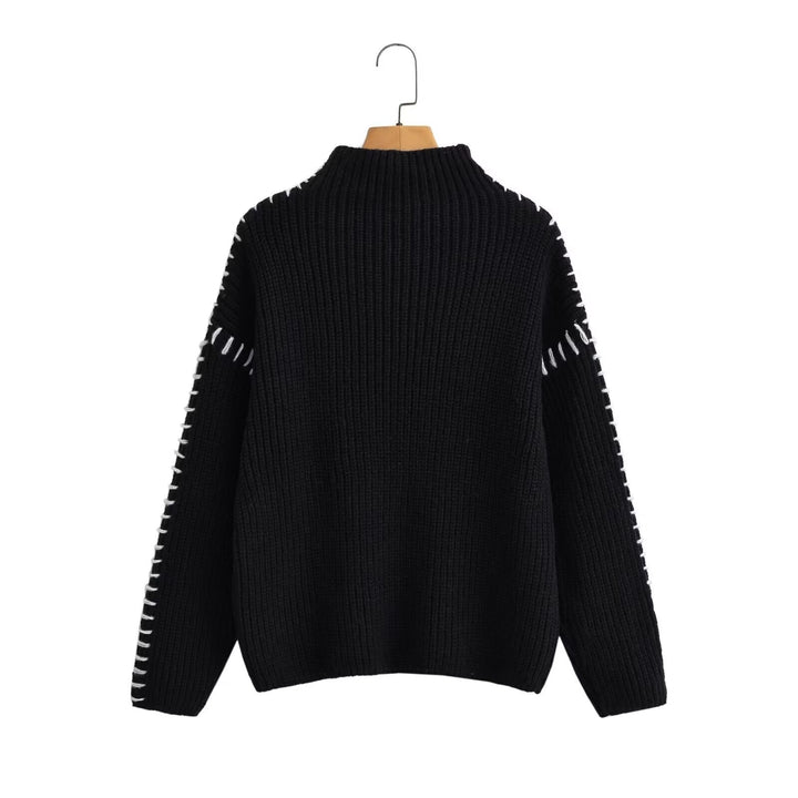 Damen Oversize-Strickpullover mit Stehkragen, Ballonärmeln und Ziernaht Drune
