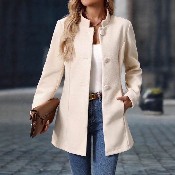 Damen Stehkragenmanteljacke mit verdeckter Knopfleiste und seitlichen Taschen Drune