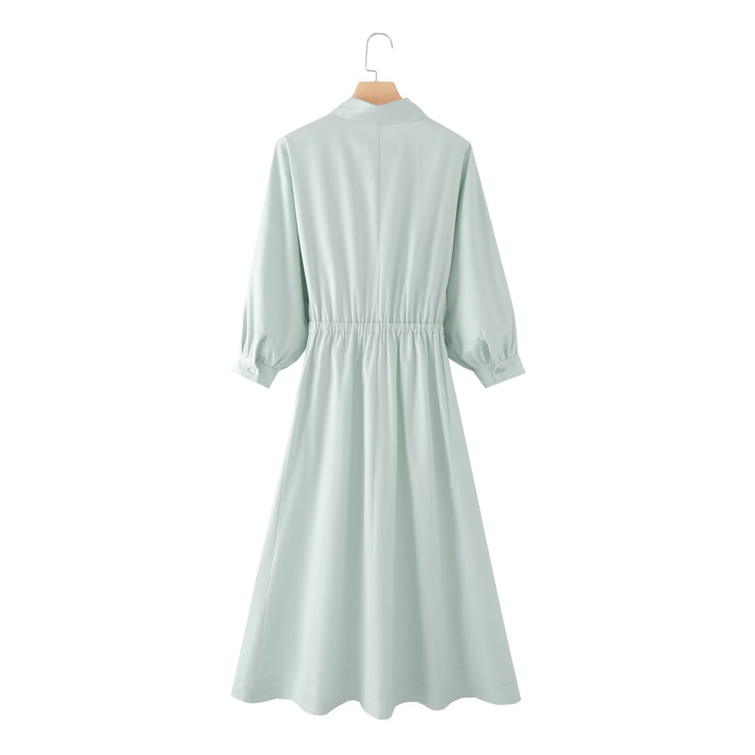 Damen Hemdblusenkleid mit ausgestellt-gebogtem Rock, 3/4-Ärmeln und Taillengürtel Drune