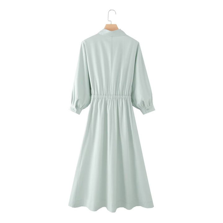 Damen Hemdblusenkleid mit ausgestellt-gebogtem Rock, 3/4-Ärmeln und Taillengürtel Drune