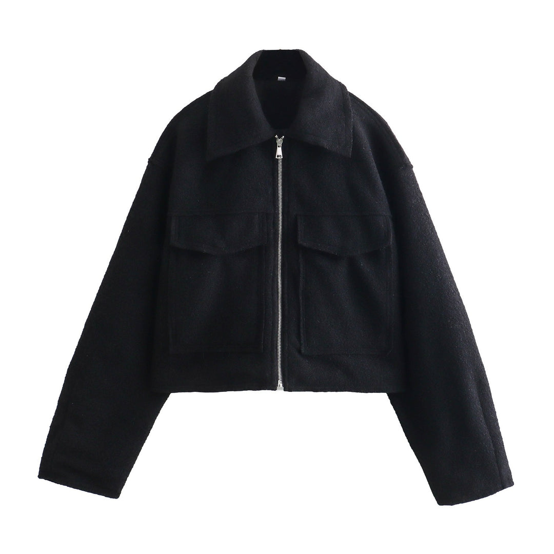 Damen Kurze Bouclé‑Jacke im Boxy‑Cut mit Reißverschluss und Pattentaschen Drune