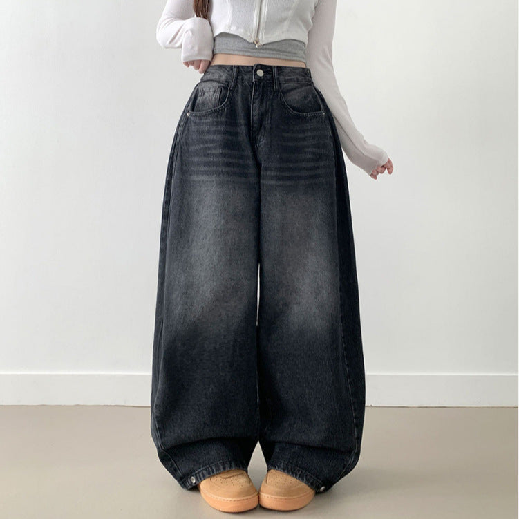 Damen Weite High-Waist Denim-Hose mit Faltenwurf Drune