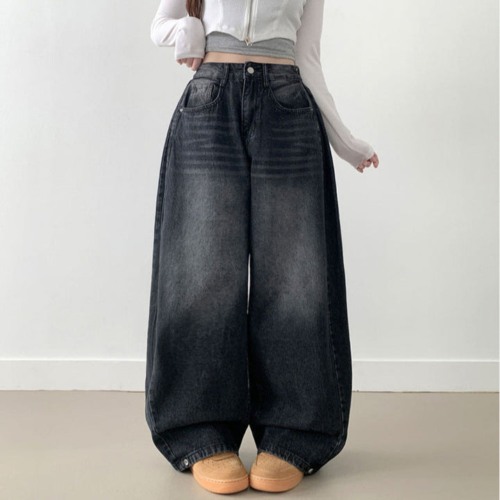 Damen Weite High-Waist Denim-Hose mit Faltenwurf Drune