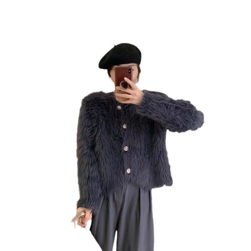 Damen Fluffy Kurzjacke mit eleganten Knopfdetails Drune