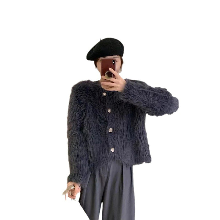 Damen Fluffy Kurzjacke mit eleganten Knopfdetails Drune