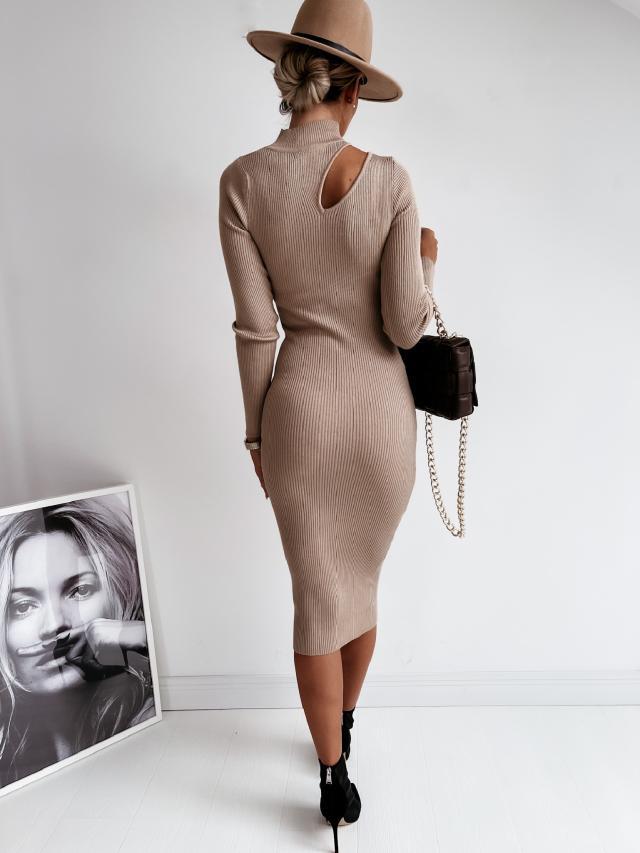 Damen figurbetontes Strickkleid mit asymmetrischem Ausschnitt und langen Ärmeln Drune