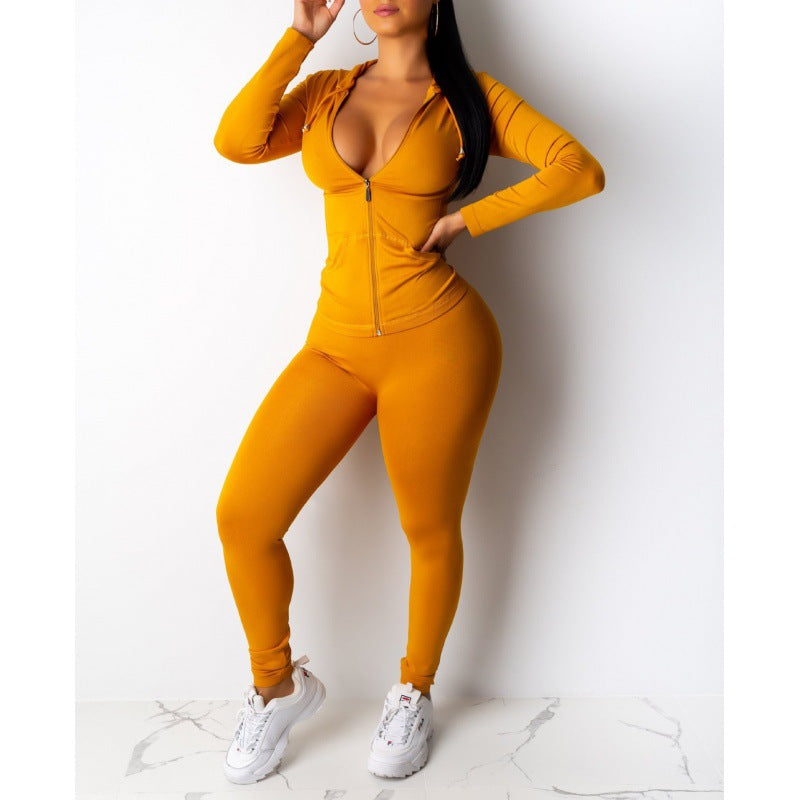 Damen sportliches Zweiteiler-Set mit Kapuzenjacke und enganliegenden Hosen Drune