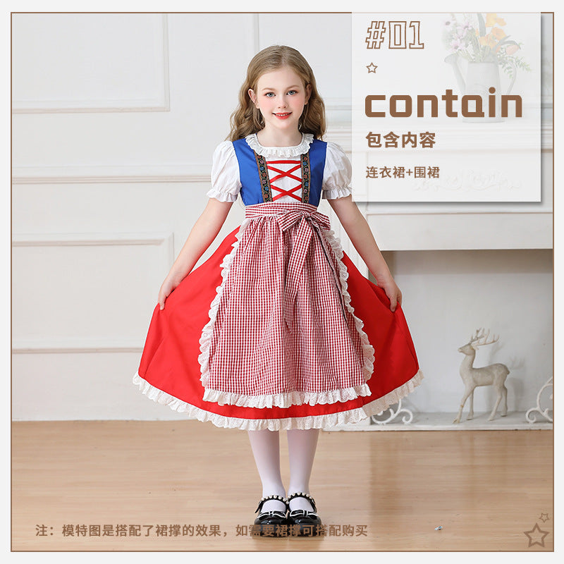 Damen nan traditionelles Kinder-Dirndl Kleid mit geraffter Schürze und Spitzenbesatz Drune