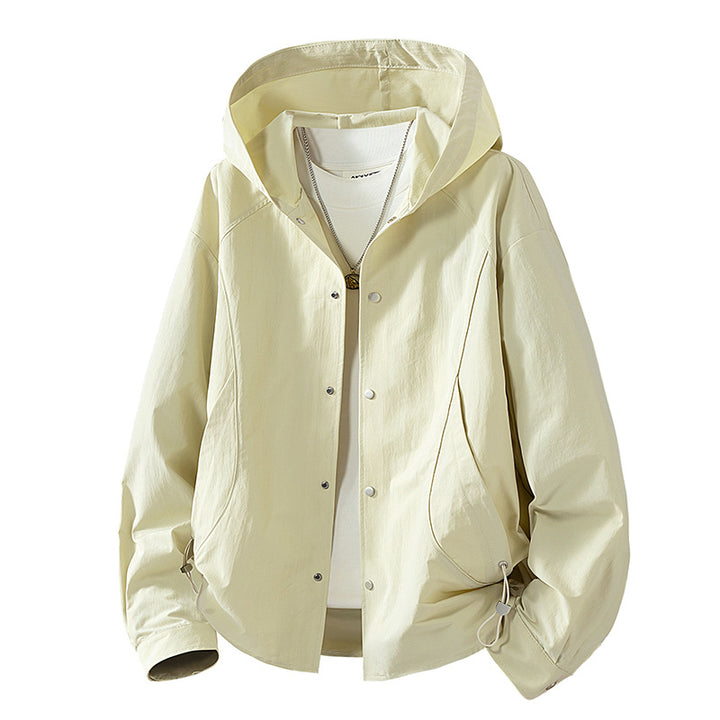 Damen leichte Kapuzenjacke mit Druckknopffront, verstellbarem Kordelzugsaum und praktischen Seitentaschen Drune