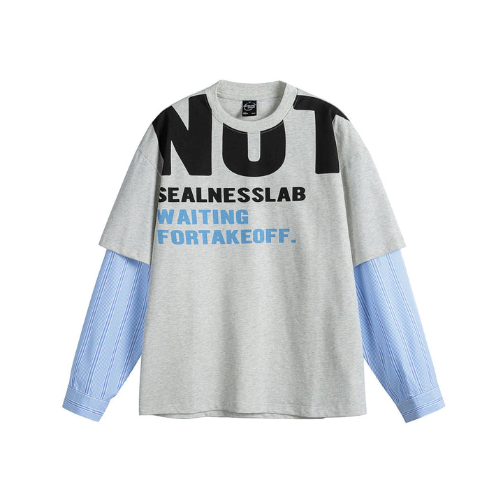 Damen Lagenlook T-Shirt mit eingearbeiteten Hemdärmeln und oversized Print Drune
