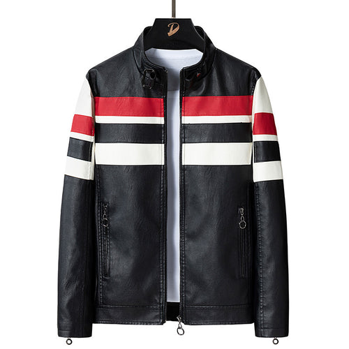 Herren Retro‑Racer Kunstlederblouson mit Stehkragen, kontrastierenden Streifen und Zwei‑Wege‑Reißverschluss Drune