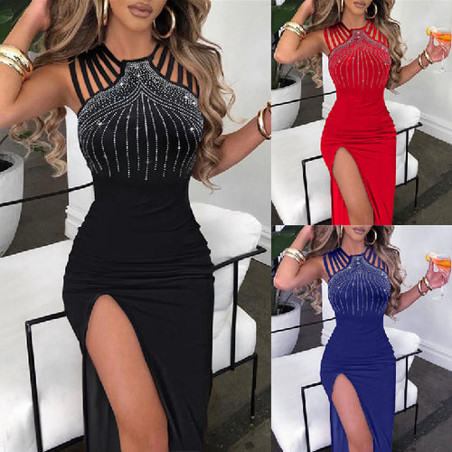 Damen elegantes Maxikleid mit glitzernden Strassdetails und sexy Schlitz Drune