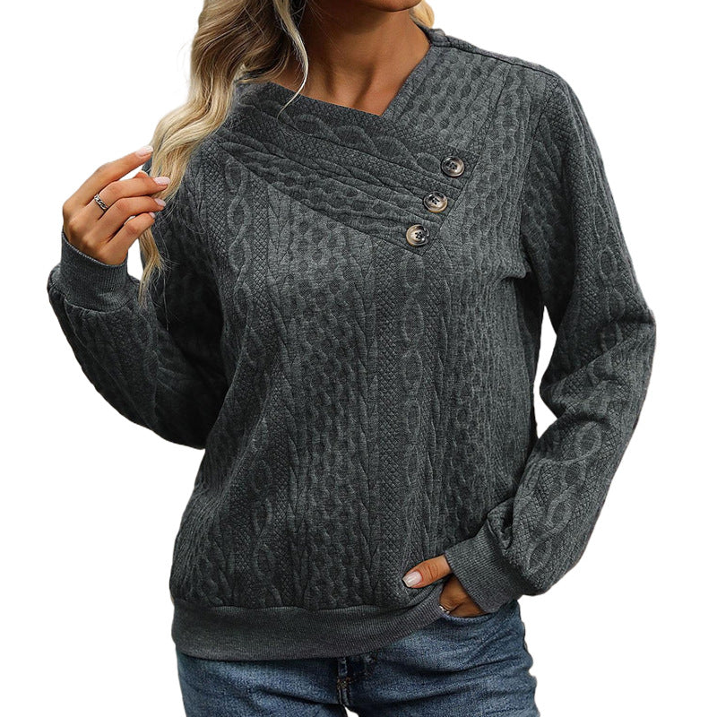 Damen Strukturierter Zopfstrick-Pullover mit asymmetrischer Knopfleiste & Rundhalsausschnitt Drune