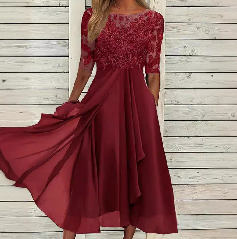 Damen Abendkleid mit elegantem Stickdesign und fließendem Rock Drune