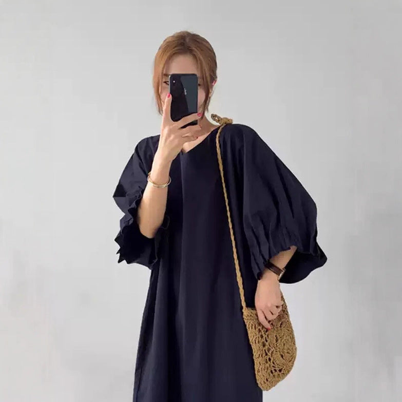 Damen Oversized V-Ausschnitt Baumwollkleid mit Volantärmeln Drune