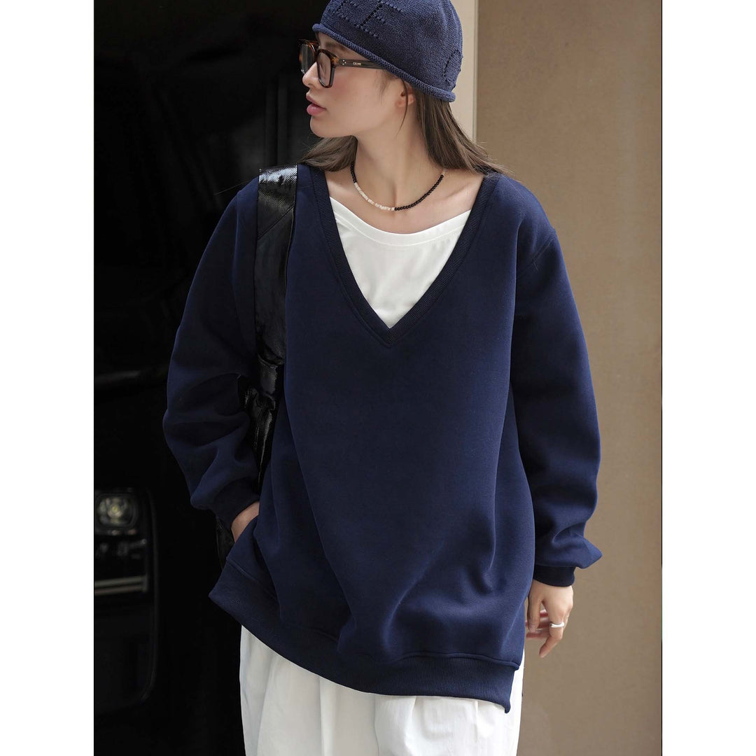Damen V-Ausschnitt Sweatshirt im Relaxed‑Fit aus Baumwollmix Drune