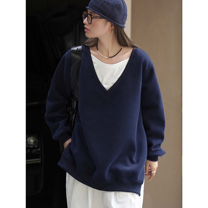 Damen V-Ausschnitt Sweatshirt im Relaxed‑Fit aus Baumwollmix Drune