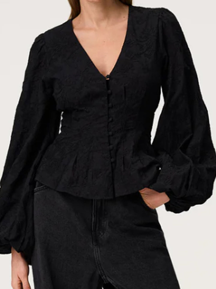 Damen Jacquard-Spitzenbluse mit tailliertem Schößchen und Ballonärmeln Drune