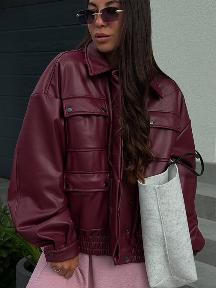 Damen Oversize Kunstlederjacke mit aufgesetzten Druckknopf-Taschen und elastischem Saum Drune