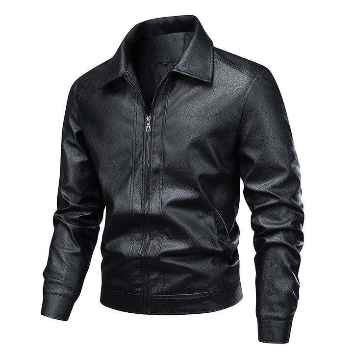 Herren Slim-Fit Kunstleder-Fliegerjacke mit Hemdkragen und Reißverschluss Drune