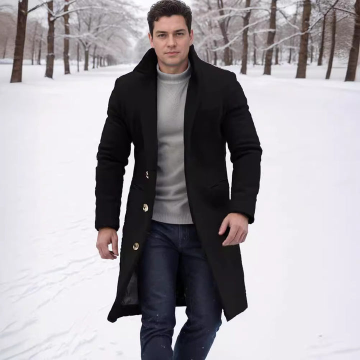 Herren eleganter Wollmantel mit schmalem Schnitt und goldenen Knöpfen Drune